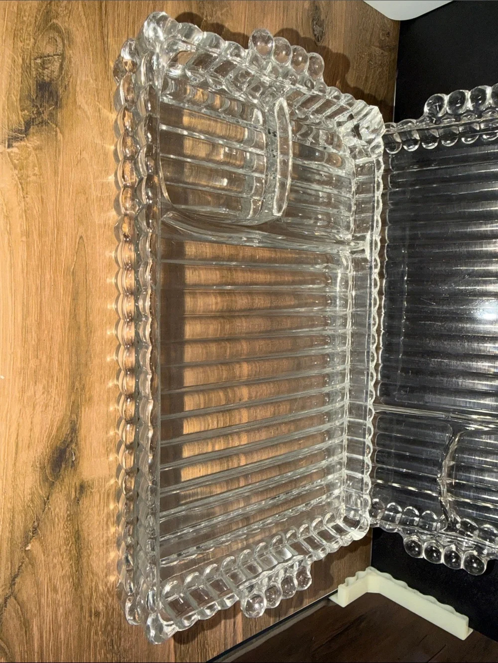 Vintage Clear Glass Vanity Tray with Built-In Cup Holder by.   Set of 3